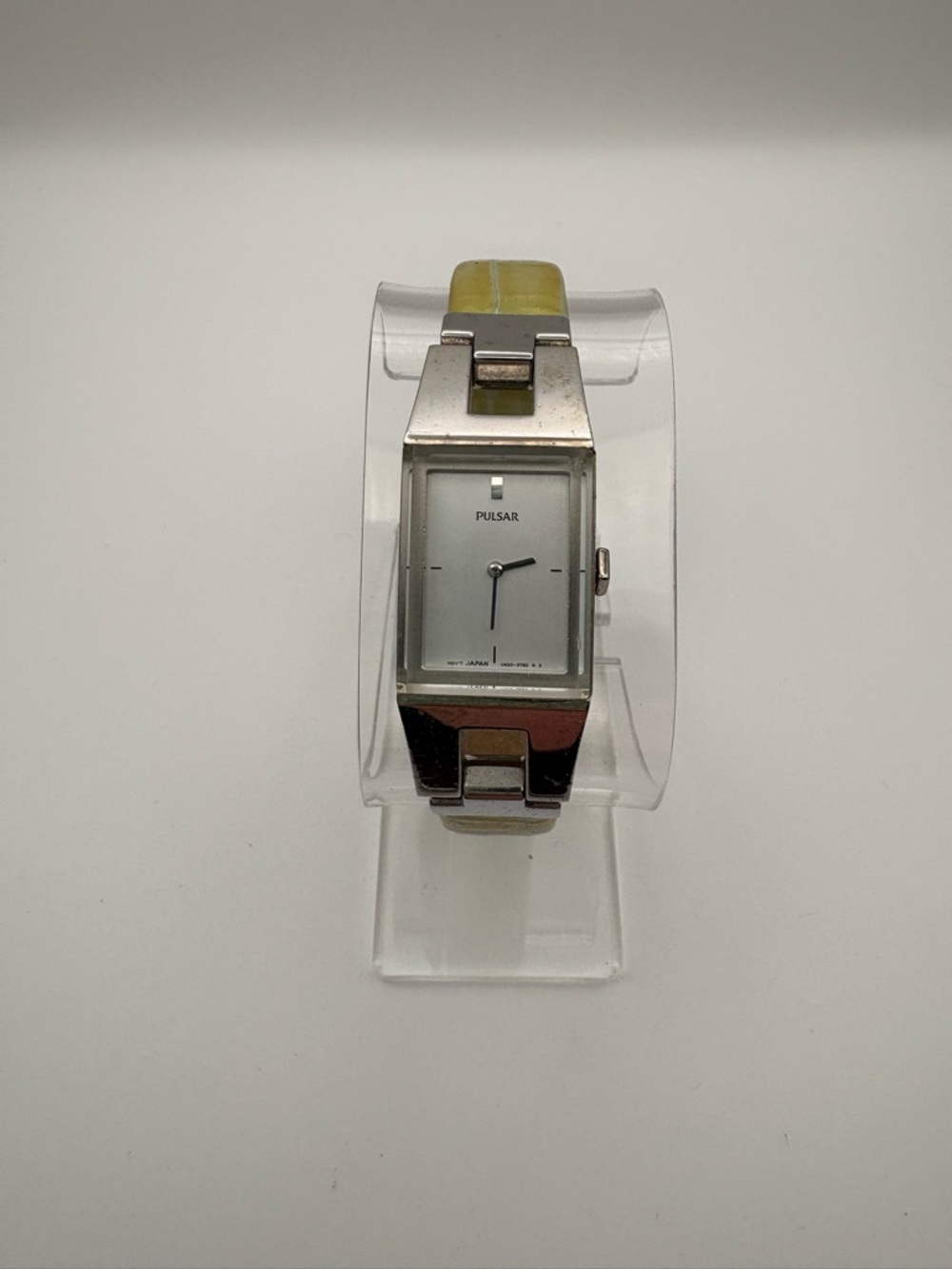 Vintage Pulsar Silver Rectangular Watch Retro with Yellow Accent Works